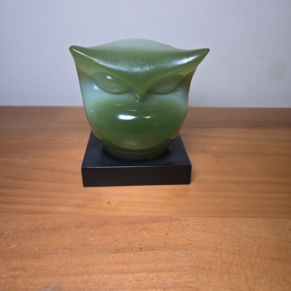 MCM Wony Faux Lucite Jade Art Deco Green Owl Figurine With Base from Italy
